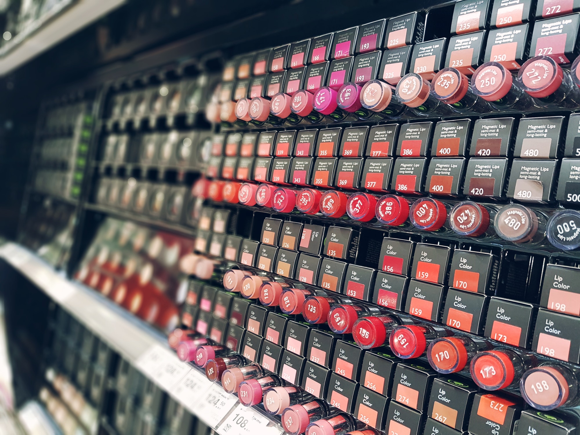 Selective focus of make-up products in shop.